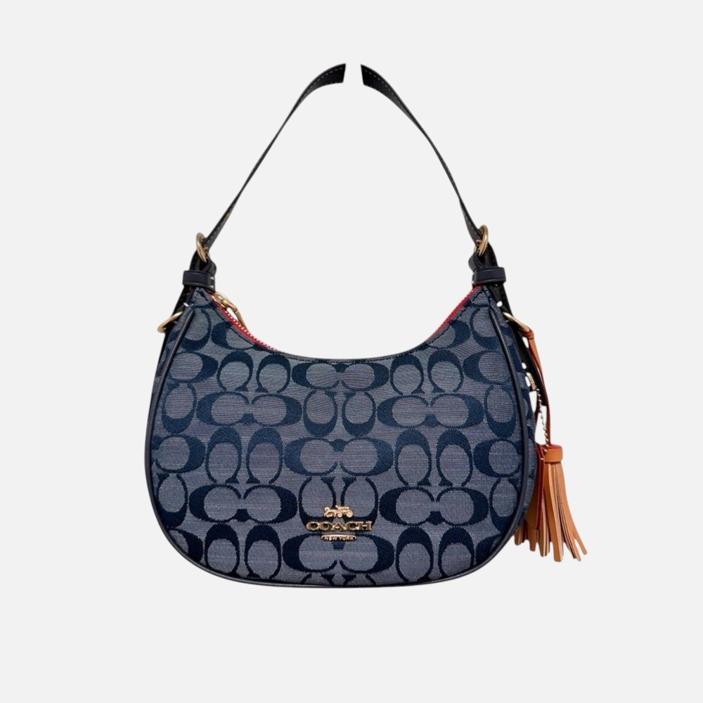 Coach Kleo Small Shoulder Bag Blue Signature Chambray Navy Leather C8163